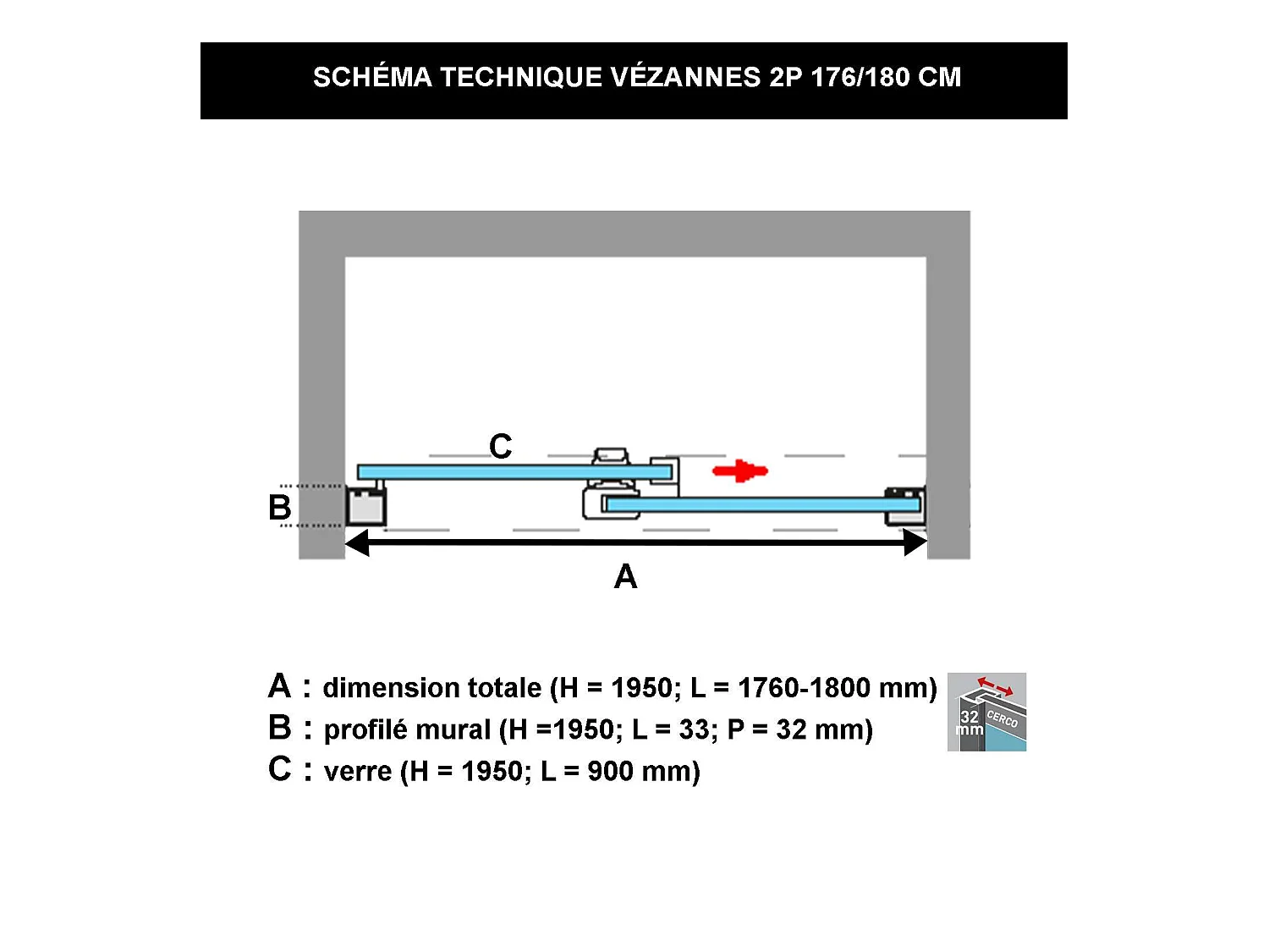 Pare douche porte coulissante DROITE en verre ép 6mm L176/180*H195 cm, profilé or, SUPERBAN Vézannes 2P