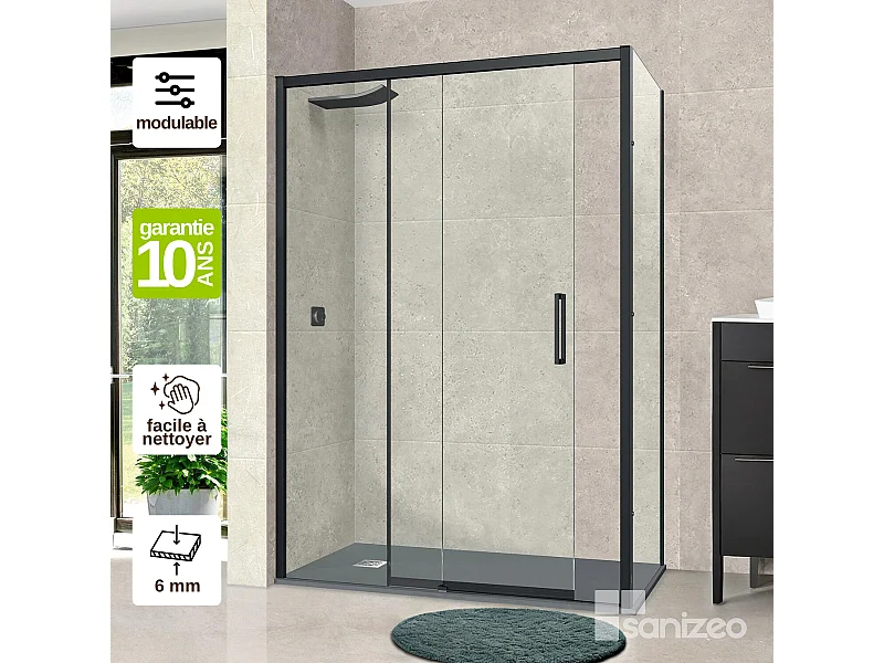 Pare douche porte coulissante et paroi latérale DROITE, L.96/100*l.80*H195 cm, verre 6mm SÉCURIT Easy Clean Noir Mat SUPERBAN Vézannes 2PL