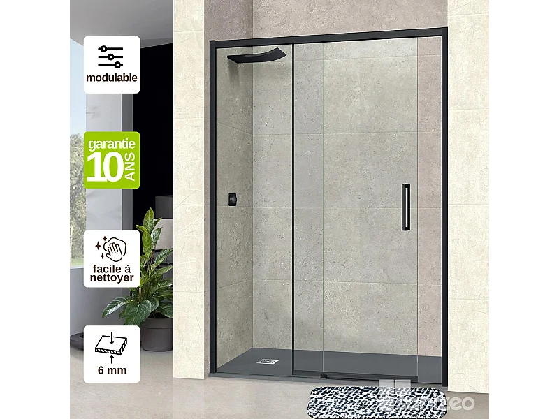 Pare douche porte coulissante DROITE en verre ép 6mm L156/160*H195 cm, profilé noir mat, SUPERBAN Vézannes 2P