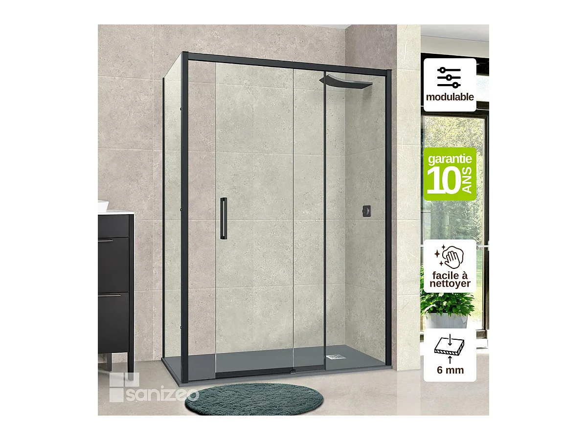 Pare douche porte coulissante et paroi latérale GAUCHE, L.176/180*l.80*H195 cm, verre 6mm SÉCURIT Easy Clean Noir Mat SUPERBAN Vézannes 2PL