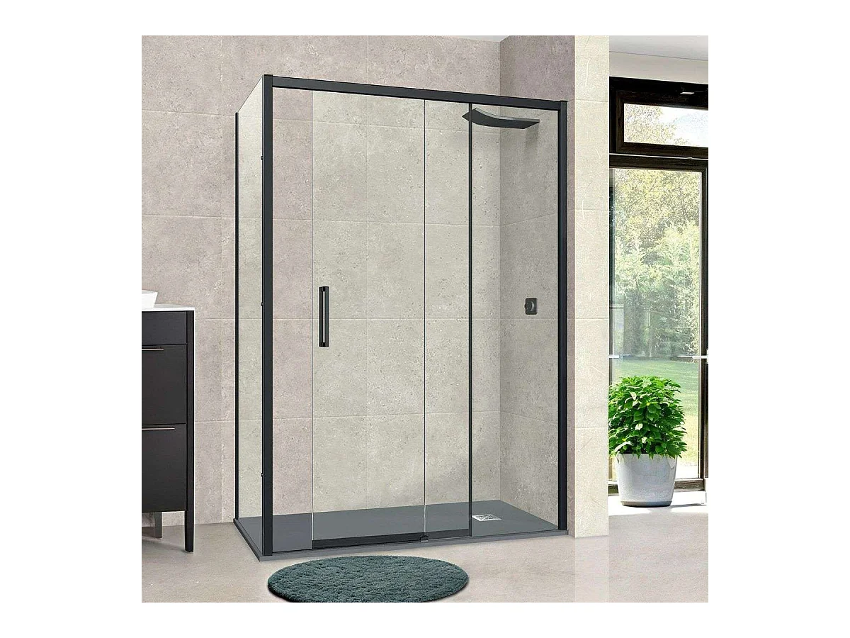 Pare douche porte coulissante et paroi latérale GAUCHE, L.176/180*l.80*H195 cm, verre 6mm SÉCURIT Easy Clean Noir Mat SUPERBAN Vézannes 2PL