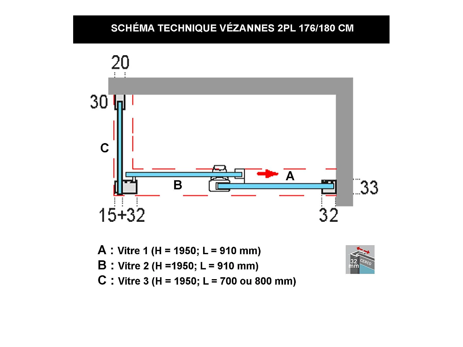 Pare douche porte coulissante et paroi latérale GAUCHE, L.176/180*l.80*H195 cm, verre 6mm SÉCURIT Easy Clean Noir Mat SUPERBAN Vézannes 2PL
