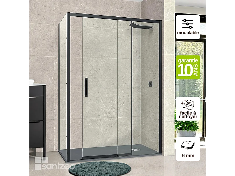 Pare douche porte coulissante et paroi latérale GAUCHE, L.176/180*l.80*H195 cm, verre 6mm SÉCURIT Easy Clean Noir Mat SUPERBAN Vézannes 2PL