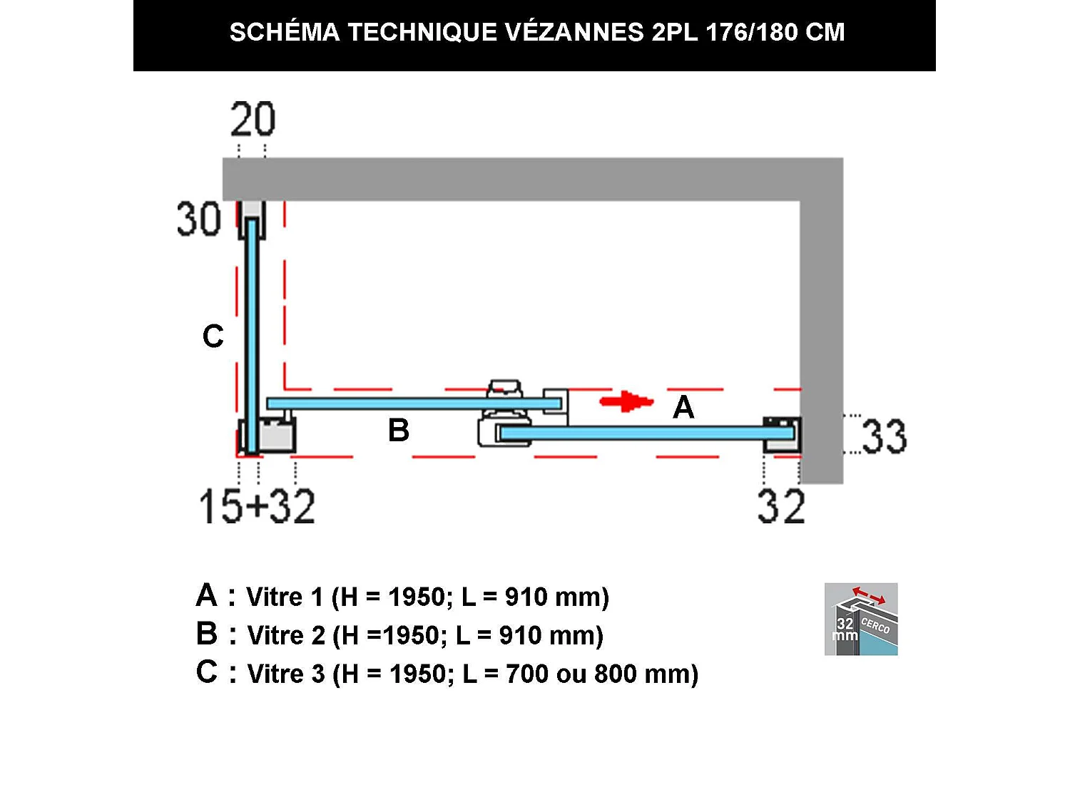 Pare douche porte coulissante et paroi latérale DROITE, L.176/180*l.80*H195 cm, verre 6mm SÉCURIT Easy Clean Or Brossé SUPERBAN Vézannes 2PL