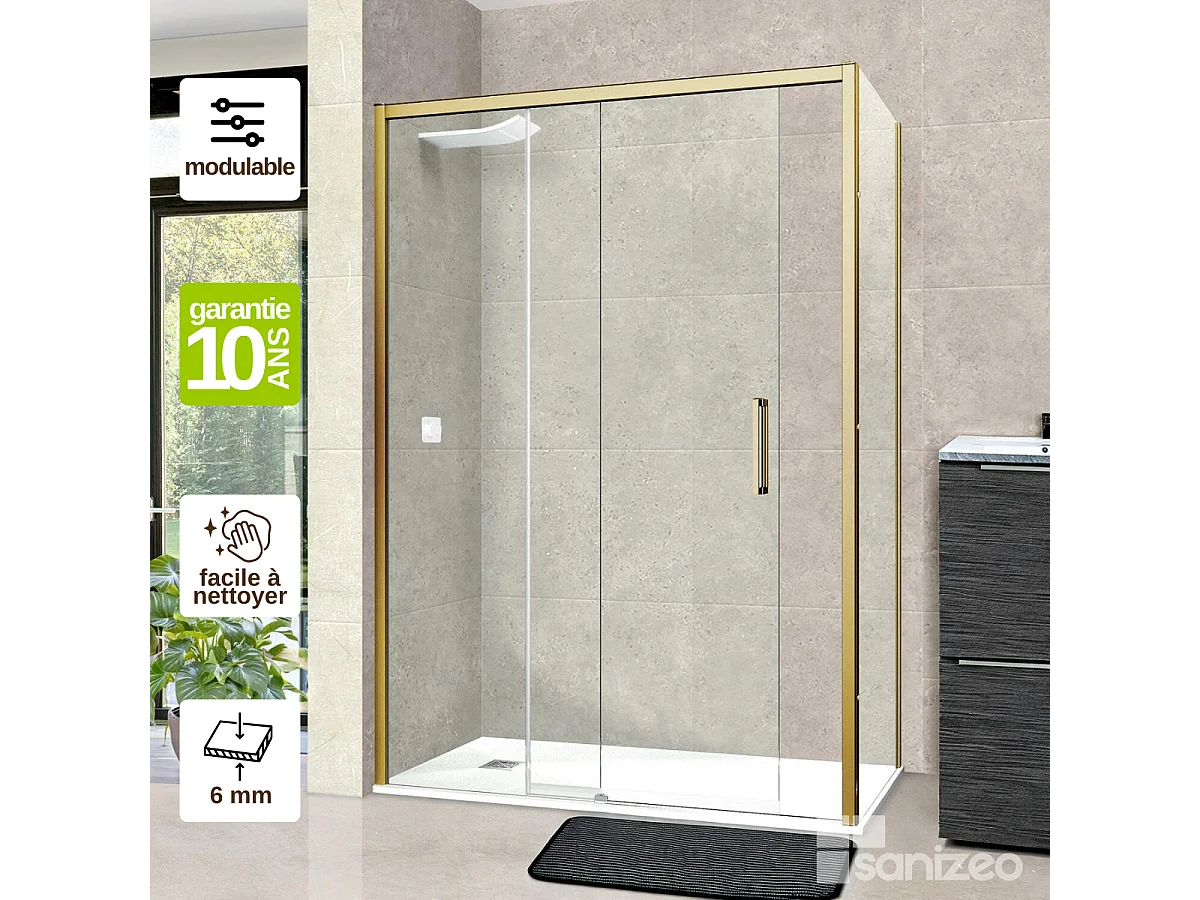 Pare douche porte coulissante et paroi latérale DROITE, L.176/180*l.80*H195 cm, verre 6mm SÉCURIT Easy Clean Or Brossé SUPERBAN Vézannes 2PL