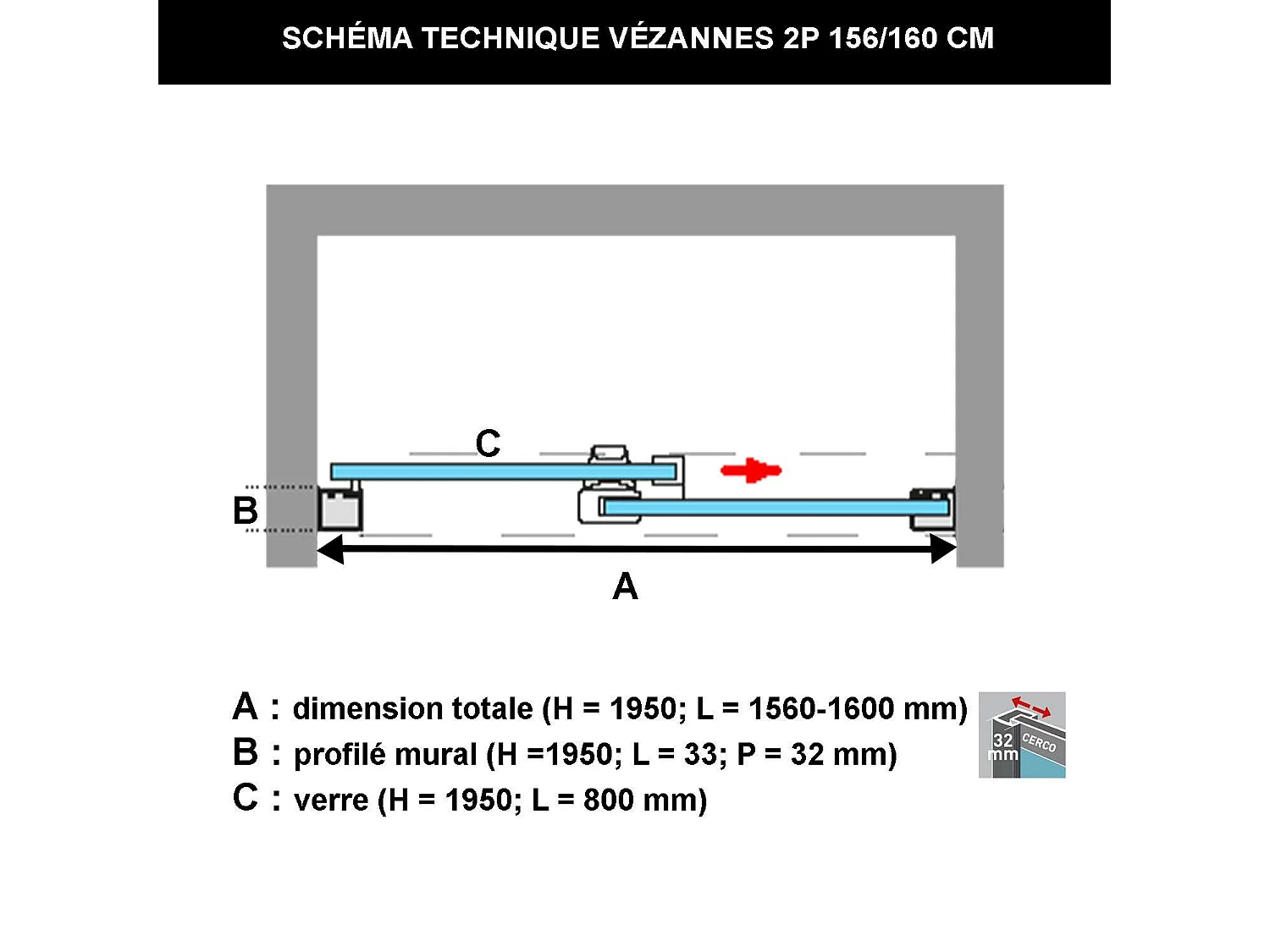 Pare douche porte coulissante DROITE en verre ép 6mm L156/160*H195 cm, profilé chrome, SUPERBAN Vézannes 2P