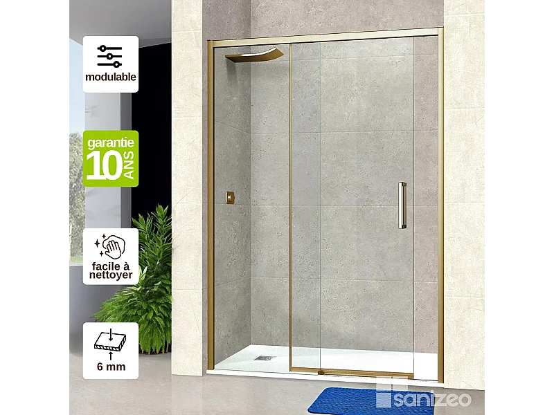 Pare douche porte coulissante DROITE en verre ép 6mm L96/100*H195 cm, profilé or, SUPERBAN Vézannes 2P