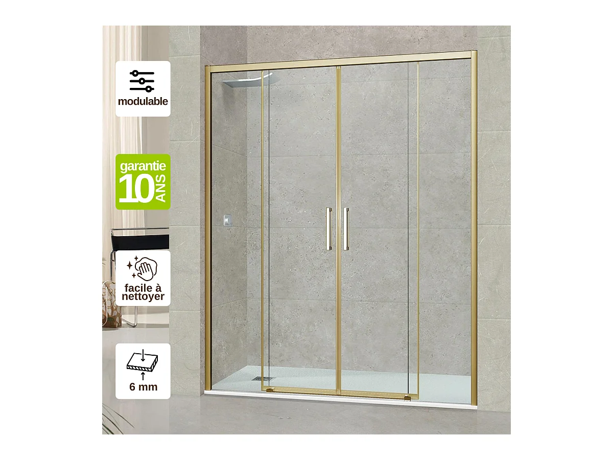 Pare douche portes coulissantes en verre ép 6mm L176/180*H195 cm, profilé or, SUPERBAN Vézannes 4P