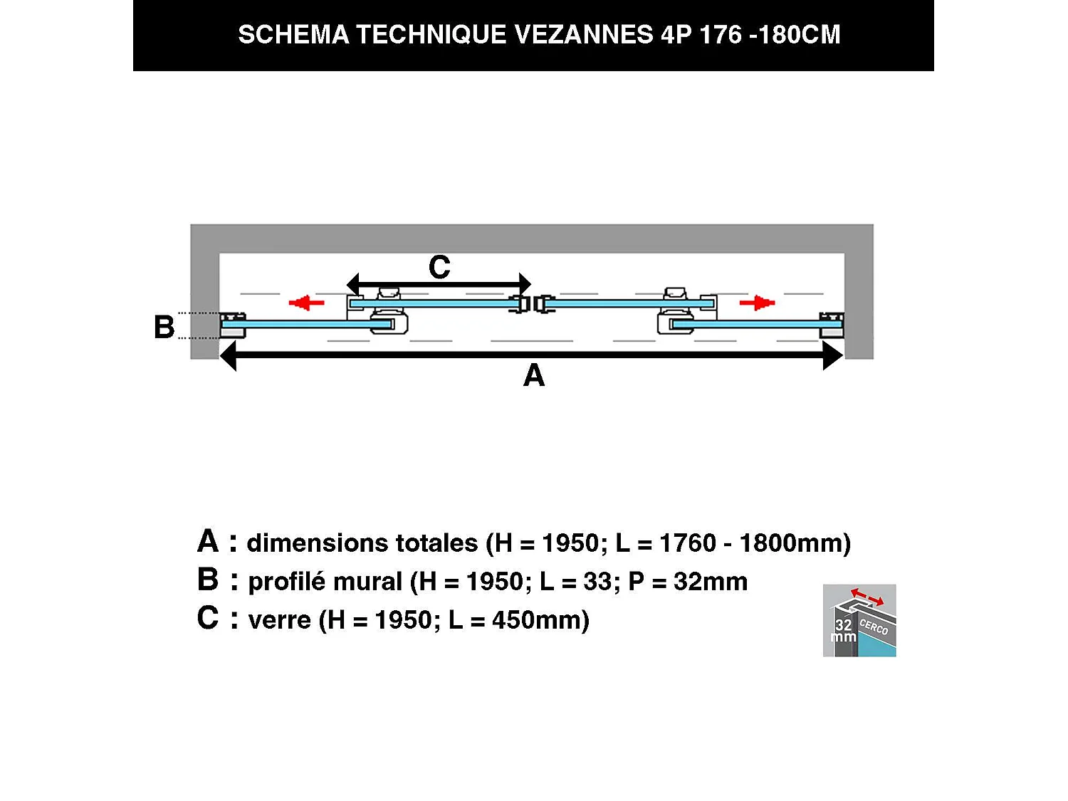 Pare douche portes coulissantes en verre ép 6mm L176/180*H195 cm, profilé or, SUPERBAN Vézannes 4P