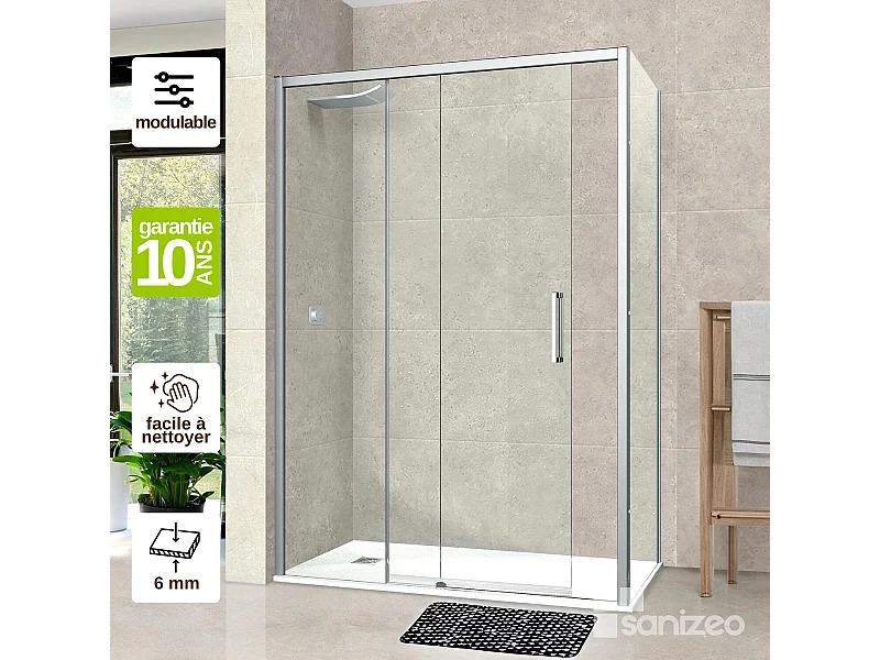Pare douche porte coulissante et paroi latérale DROITE, L.136/140*l.80*H1, verre 6mm SÉCURIT Easy Clean Chrome SUPERBAN Vézannes 2PL