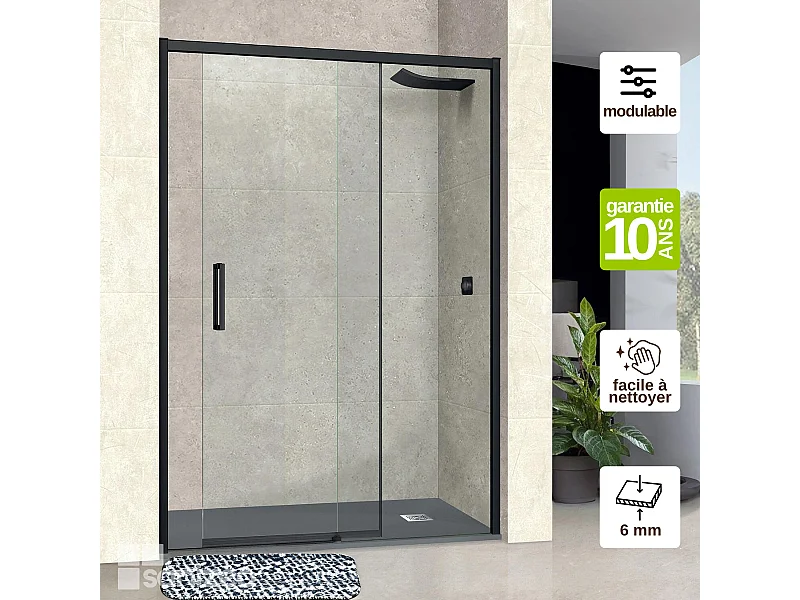 Pare douche porte coulissante GAUCHE en verre ép 6mm L96/100*H195 cm, profilé noir mat, SUPERBAN Vézannes 2P