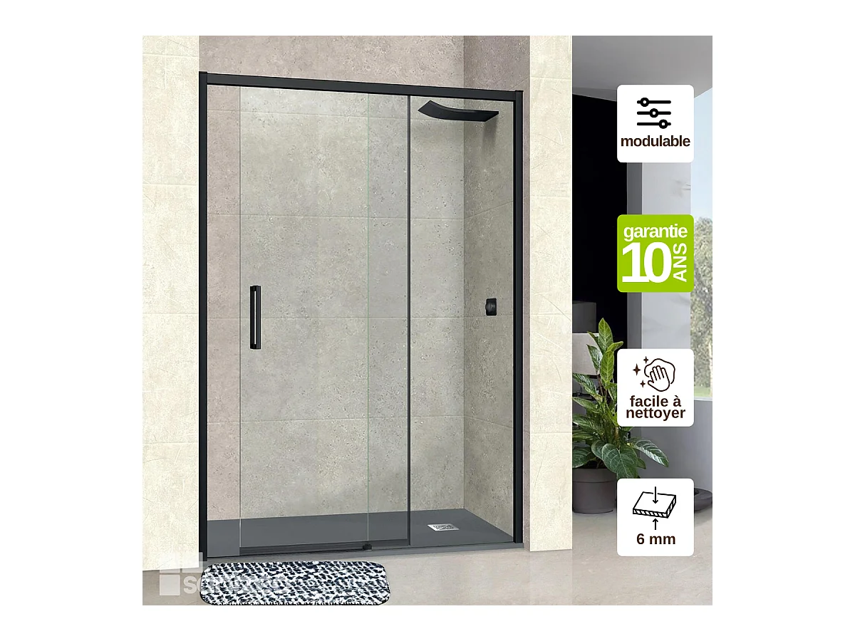 Pare douche porte coulissante GAUCHE en verre ép 6mm L96/100*H195 cm, profilé noir mat, SUPERBAN Vézannes 2P