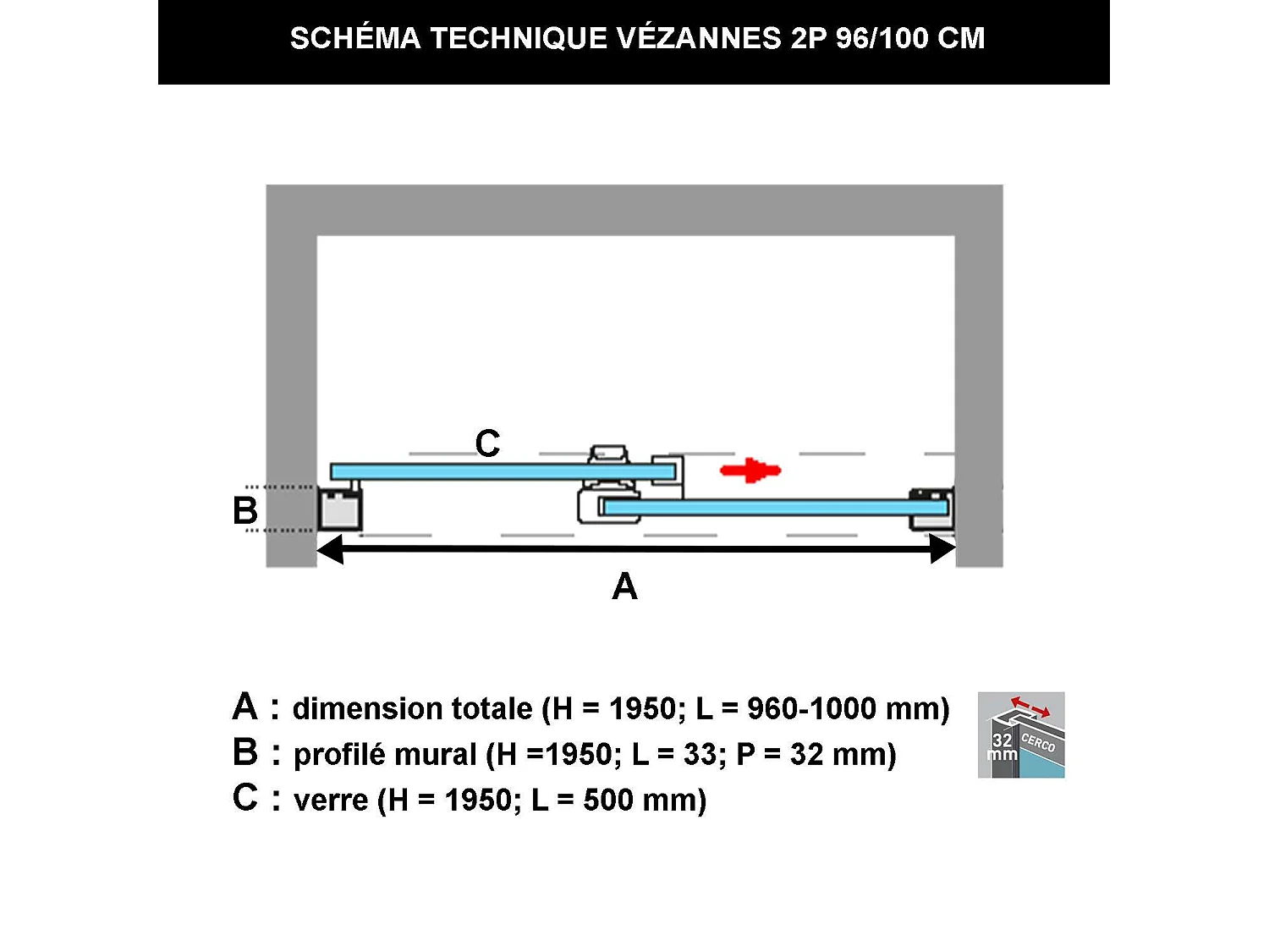 Pare douche porte coulissante GAUCHE en verre ép 6mm L96/100*H195 cm, profilé noir mat, SUPERBAN Vézannes 2P