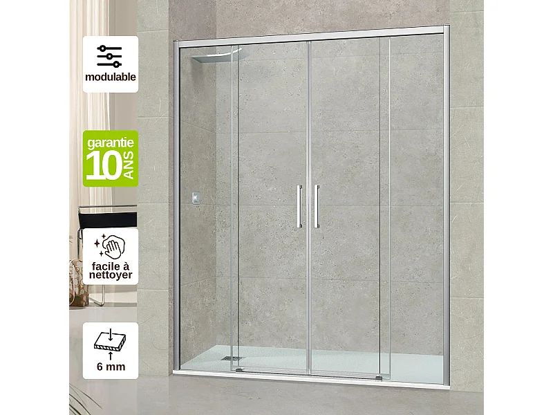 Pare douche portes coulissantes en verre ép 6mm L156/160*H195 cm, profilé chrome, SUPERBAN Vézannes 4P