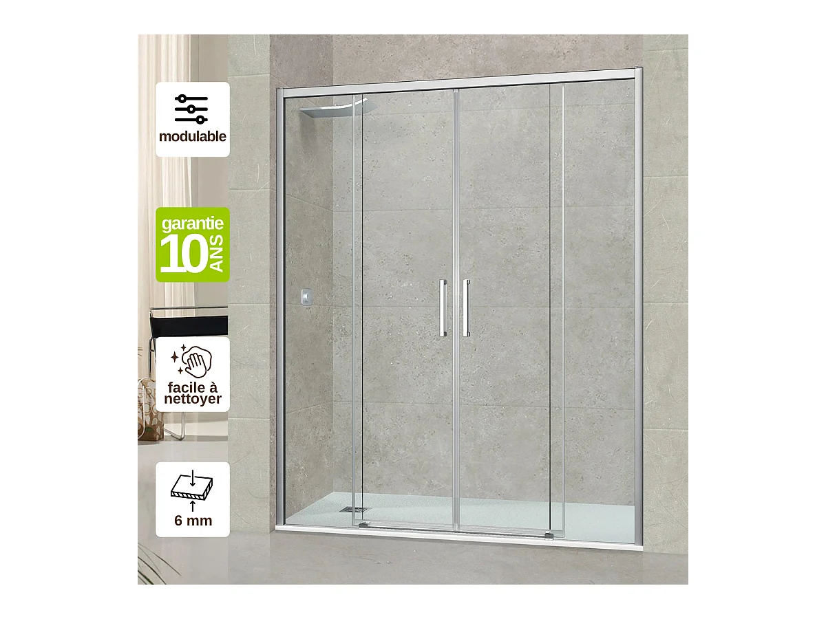 Pare douche portes coulissantes en verre ép 6mm L156/160*H195 cm, profilé chrome, SUPERBAN Vézannes 4P