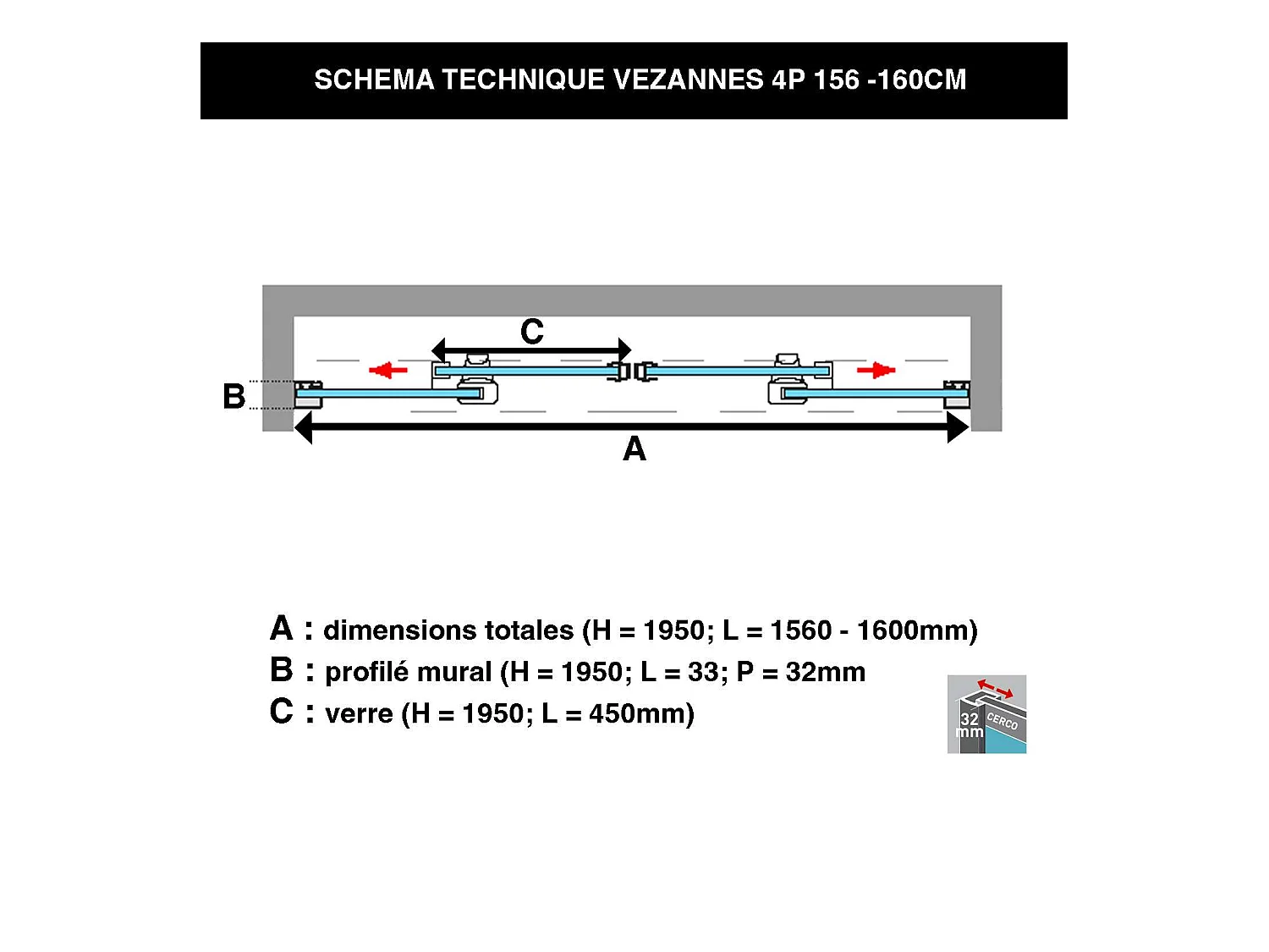 Pare douche portes coulissantes en verre ép 6mm L156/160*H195 cm, profilé chrome, SUPERBAN Vézannes 4P