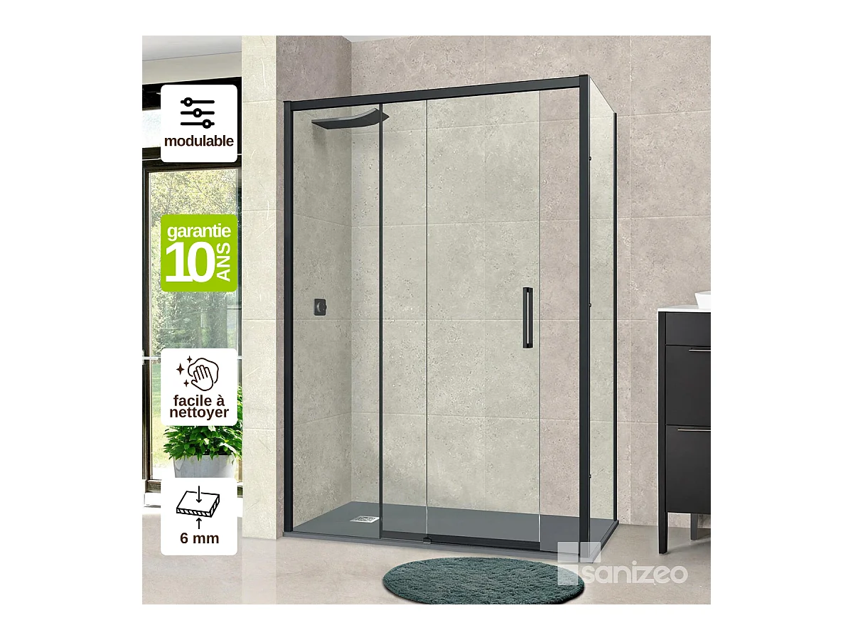 Pare douche porte coulissante et paroi latérale DROITE, L.156/160*l.80*H195 cm, verre 6mm SÉCURIT Easy Clean Noir Mat SUPERBAN Vézannes 2PL