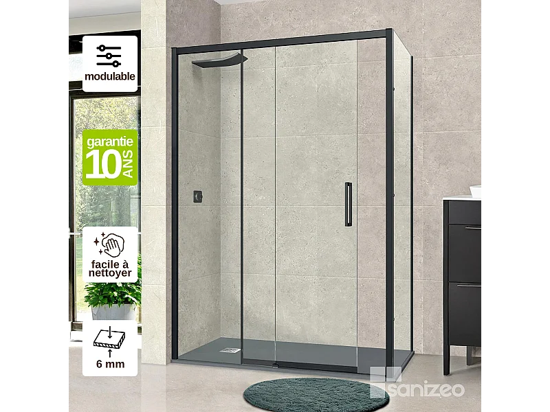Pare douche porte coulissante et paroi latérale DROITE, L.156/160*l.80*H195 cm, verre 6mm SÉCURIT Easy Clean Noir Mat SUPERBAN Vézannes 2PL