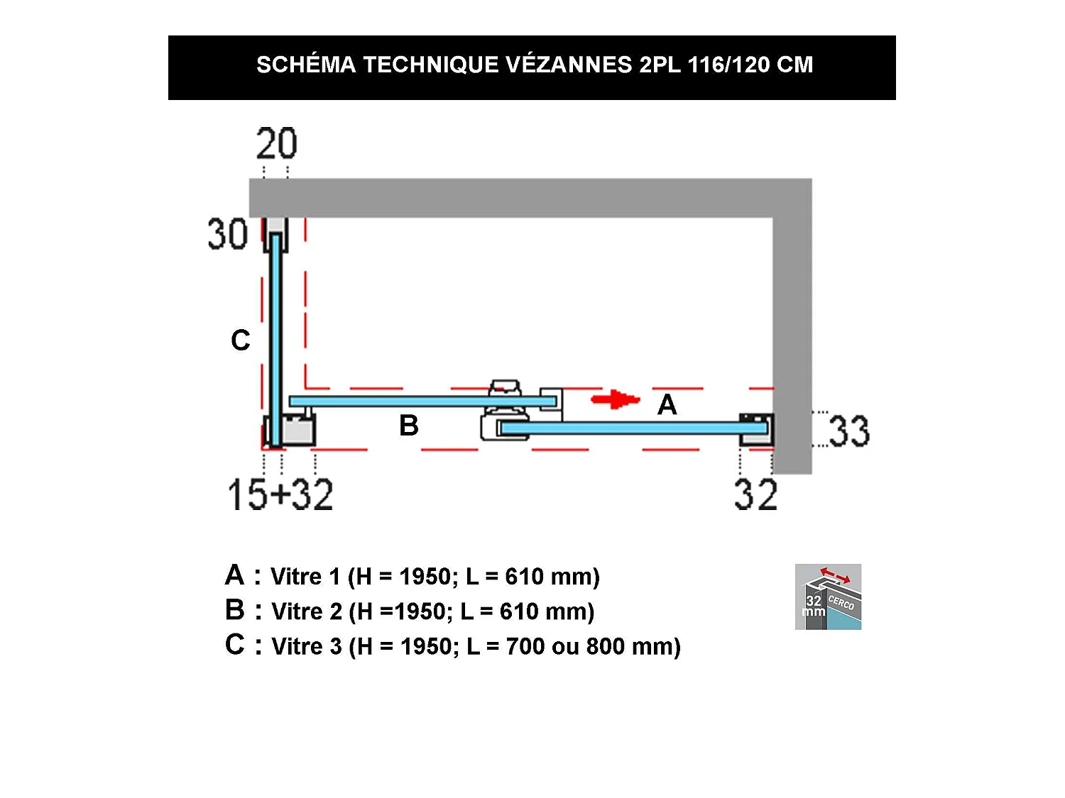 Pare douche porte coulissante et paroi latérale GAUCHE, L.116/120*l.80*H195 cm, verre 6mm SÉCURIT Easy Clean Chrome SUPERBAN Vézannes 2PL