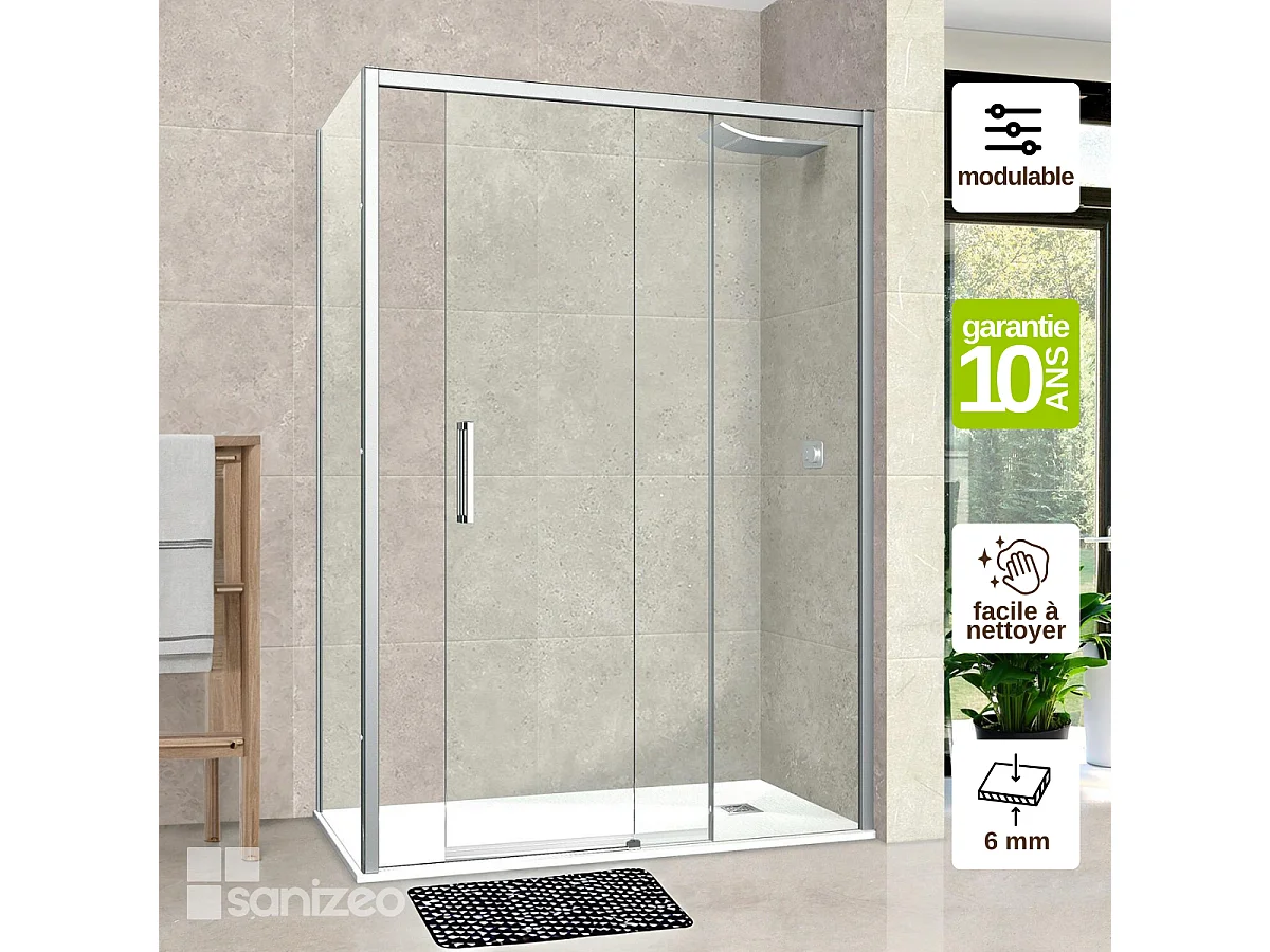 Pare douche porte coulissante et paroi latérale GAUCHE, L.116/120*l.80*H195 cm, verre 6mm SÉCURIT Easy Clean Chrome SUPERBAN Vézannes 2PL