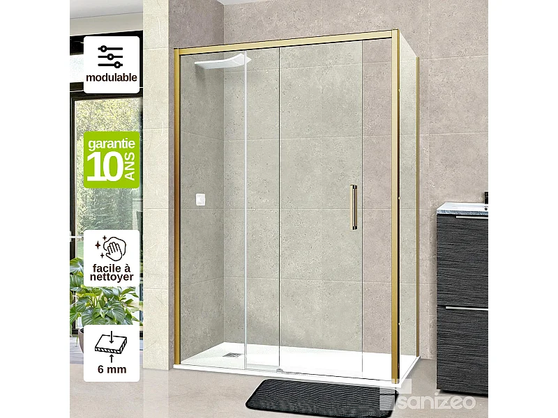Pare douche porte coulissante et paroi latérale DROITE, L.156/160*l.80*H195 cm, verre 6mm SÉCURIT Easy Clean Or Brossé SUPERBAN Vézannes 2PL