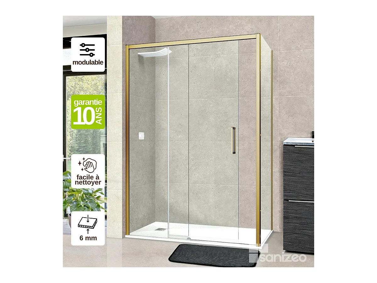 Pare douche porte coulissante et paroi latérale DROITE, L.156/160*l.80*H195 cm, verre 6mm SÉCURIT Easy Clean Or Brossé SUPERBAN Vézannes 2PL
