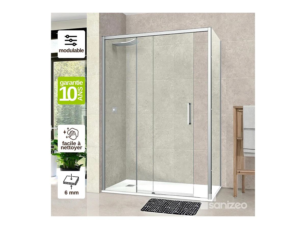 Pare douche porte coulissante et paroi latérale DROITE, L.116/120*l.80*H1, verre 6mm SÉCURIT Easy Clean Chrome SUPERBAN Vézannes 2PL