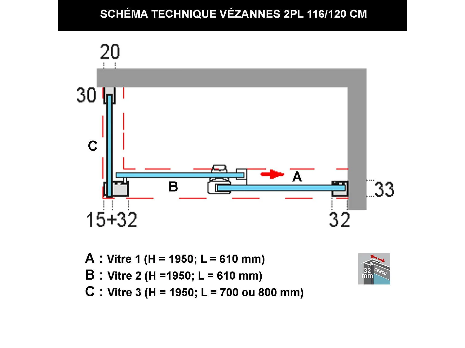 Pare douche porte coulissante et paroi latérale DROITE, L.116/120*l.80*H1, verre 6mm SÉCURIT Easy Clean Chrome SUPERBAN Vézannes 2PL