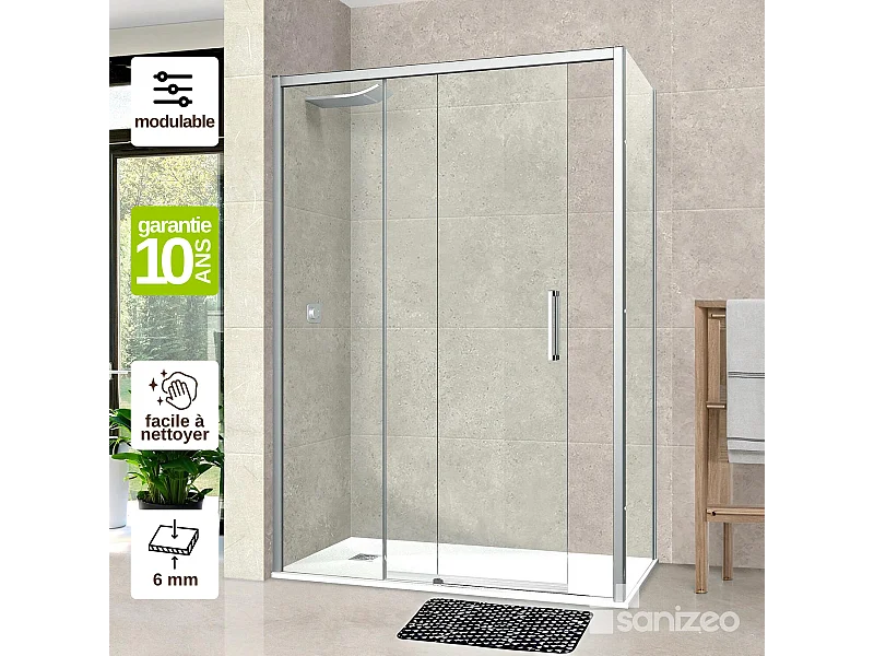 Pare douche porte coulissante et paroi latérale DROITE, L.96/100*l.80*H1, verre 6mm SÉCURIT Easy Clean Chrome SUPERBAN Vézannes 2PL
