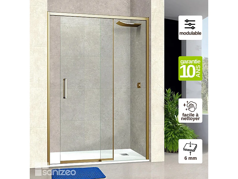 Pare douche porte coulissante GAUCHE en verre ép 6mm L136/140*H195 cm, profilé or, SUPERBAN Vézannes 2P
