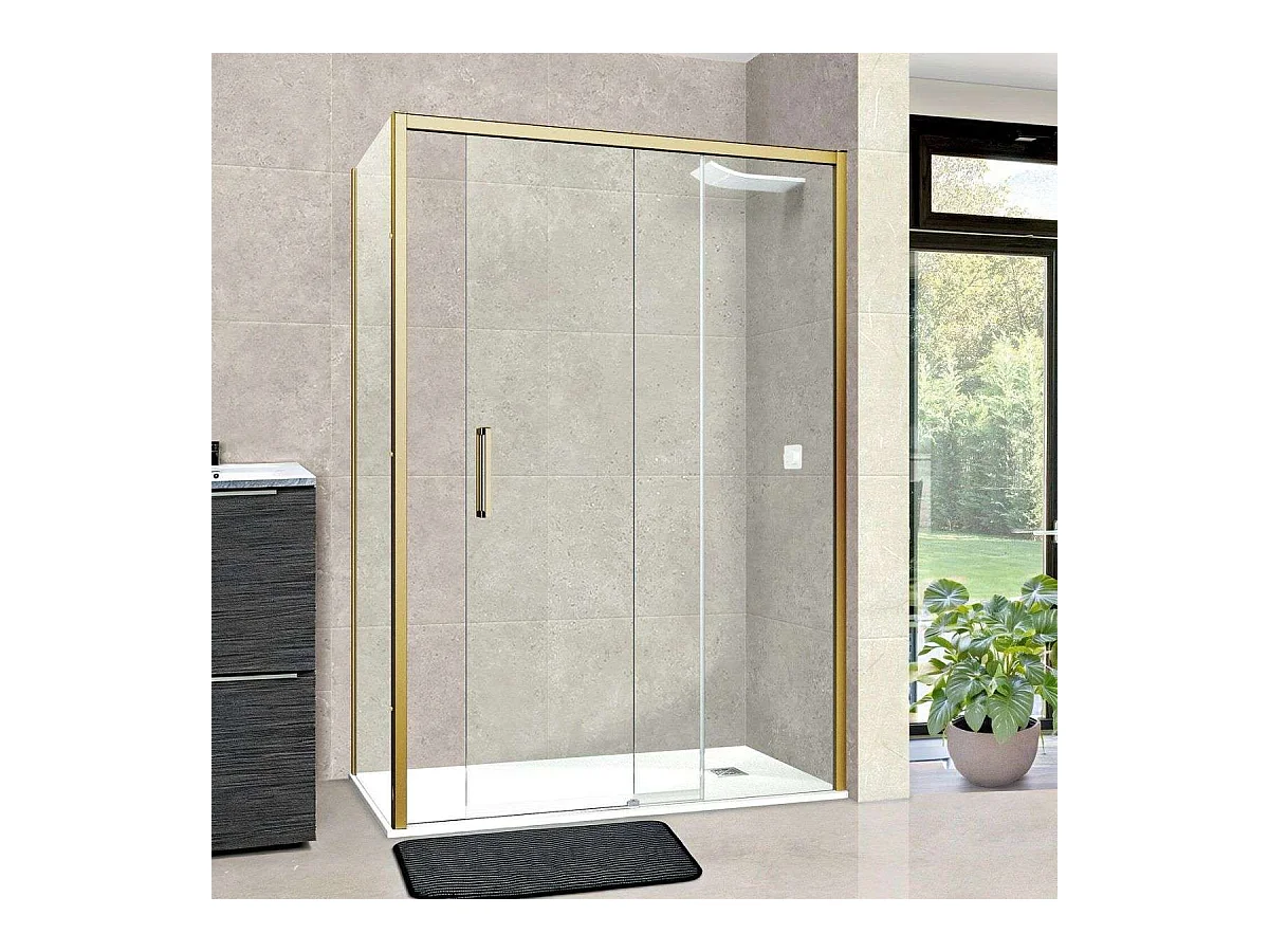 Pare douche porte coulissante et paroi latérale GAUCHE, L.136/140*l.80*H195 cm, verre 6mm SÉCURIT Easy Clean Or Brossé SUPERBAN Vézannes 2PL