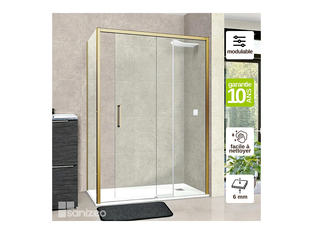 Pare douche porte coulissante et paroi latérale GAUCHE, L.136/140*l.80*H195 cm, verre 6mm SÉCURIT Easy Clean Or Brossé SUPERBAN Vézannes 2PL