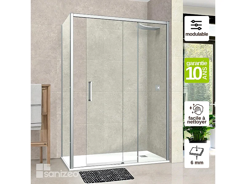 Pare douche porte coulissante et paroi latérale GAUCHE, L.176/180*l.80*H195 cm, verre 6mm SÉCURIT Easy Clean Chrome SUPERBAN Vézannes 2PL