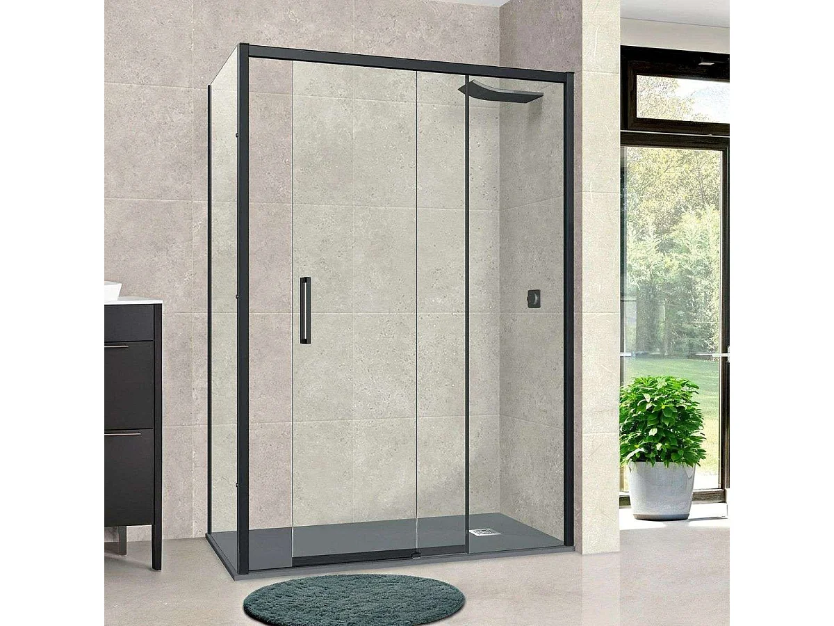 Pare douche porte coulissante et paroi latérale GAUCHE, L.116/120*l.80*H195 cm, verre 6mm SÉCURIT Easy Clean Noir Mat SUPERBAN Vézannes 2PL