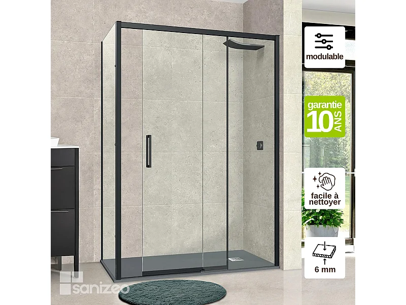 Pare douche porte coulissante et paroi latérale GAUCHE, L.116/120*l.80*H195 cm, verre 6mm SÉCURIT Easy Clean Noir Mat SUPERBAN Vézannes 2PL