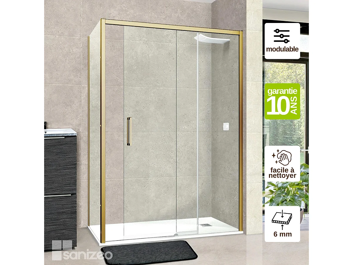 Pare douche porte coulissante et paroi latérale GAUCHE, L.176/180*l.80*H195 cm, verre 6mm SÉCURIT Easy Clean Or Brossé SUPERBAN Vézannes 2PL