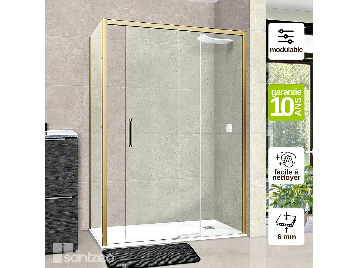 Pare douche porte coulissante et paroi latérale GAUCHE, L.156/160*l.80*H195 cm, verre 6mm SÉCURIT Easy Clean Or Brossé SUPERBAN Vézannes 2PL