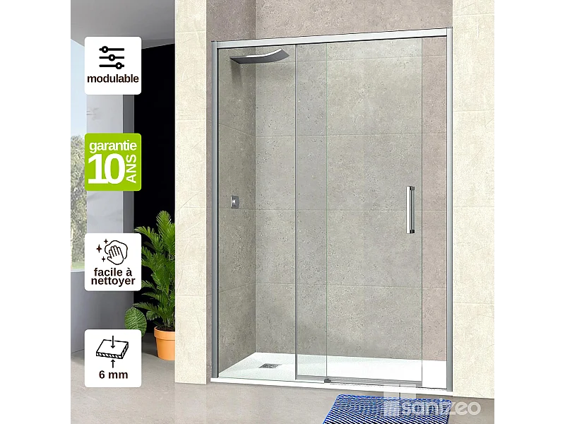Pare douche porte coulissante DROITE en verre ép 6mm L176/180*H195 cm, profilé chrome, SUPERBAN Vézannes 2P