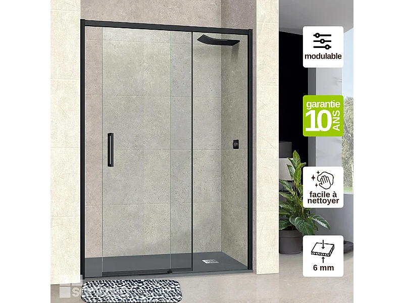 Pare douche porte coulissante GAUCHE en verre ép 6mm L156/160*H195 cm, profilé noir mat, SUPERBAN Vézannes 2P