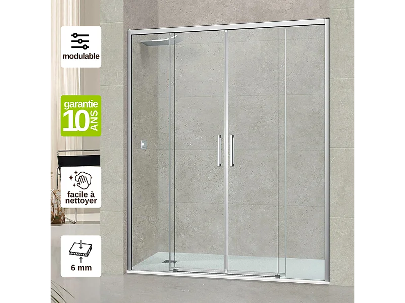 Pare douche portes coulissantes en verre ép 6mm L176/180*H195 cm, profilé chrome, SUPERBAN Vézannes 4P