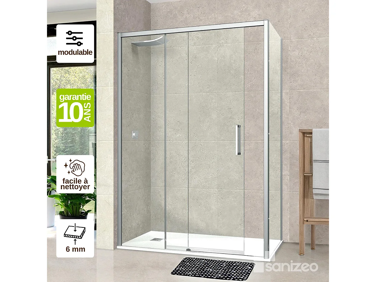 Pare douche porte coulissante et paroi latérale DROITE, L.176/180*l.80*H1, verre 6mm SÉCURIT Easy Clean Chrome SUPERBAN Vézannes 2PL