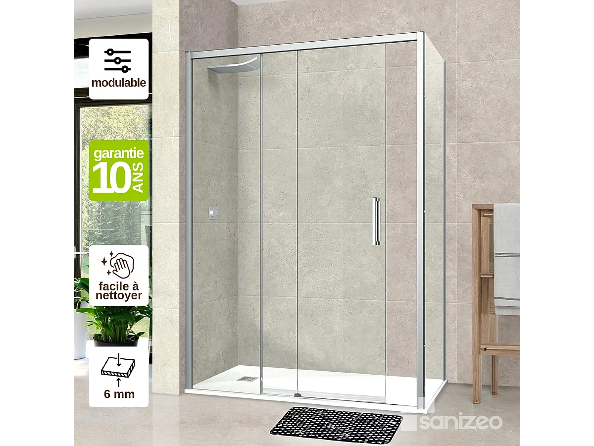 Pare douche porte coulissante et paroi latérale DROITE, L.176/180*l.80*H1, verre 6mm SÉCURIT Easy Clean Chrome SUPERBAN Vézannes 2PL
