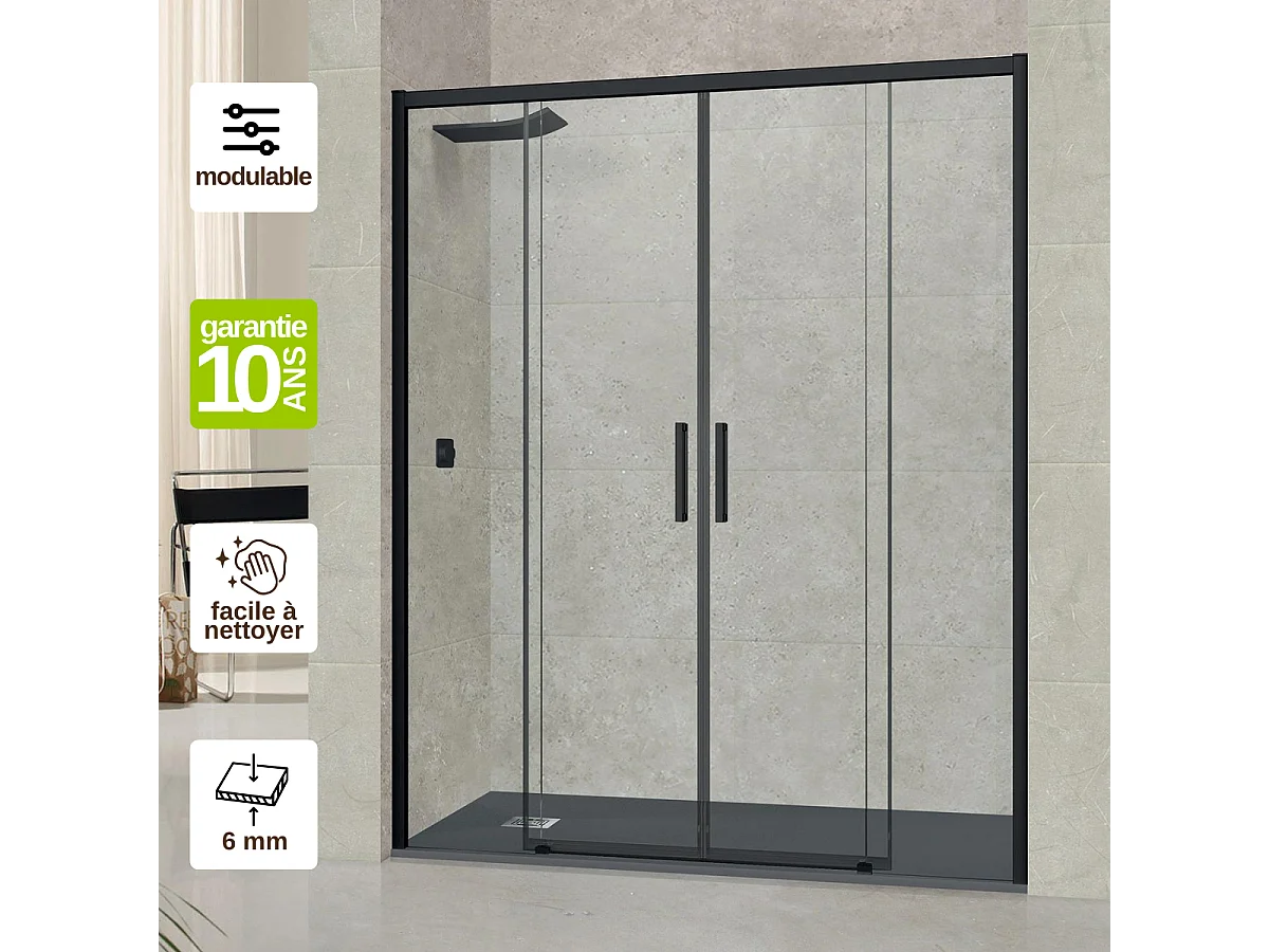 Pare douche portes coulissantes en verre ép 6mm L156/160*H195 cm, profilé noir mat, SUPERBAN Vézannes 4P