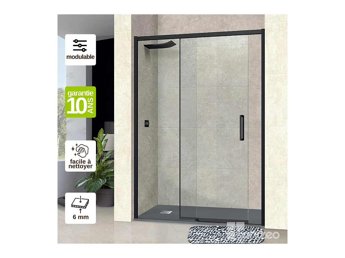 Pare douche porte coulissante DROITE en verre ép 6mm L116/120*H195 cm, profilé noir mat, SUPERBAN Vézannes 2P