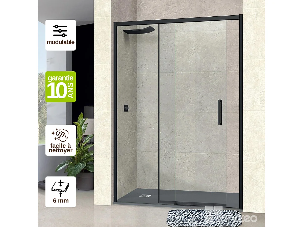 Pare douche porte coulissante DROITE en verre ép 6mm L116/120*H195 cm, profilé noir mat, SUPERBAN Vézannes 2P
