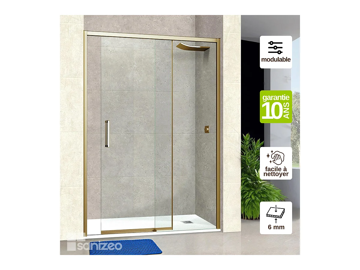 Pare douche porte coulissante GAUCHE en verre ép 6mm L156/160*H195 cm, profilé or, SUPERBAN Vézannes 2P