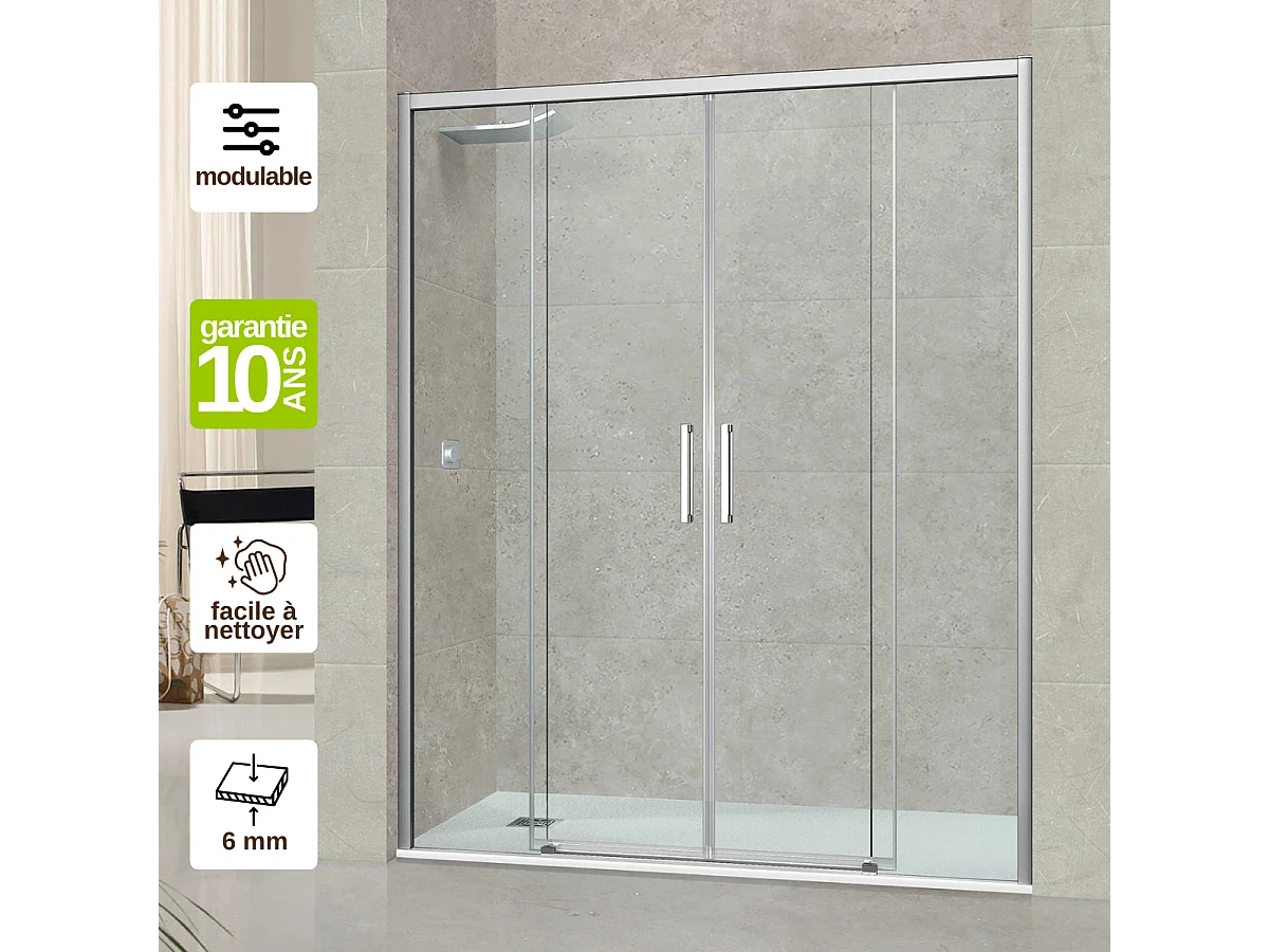 Pare douche portes coulissantes en verre ép 6mm L136/140*H195 cm, profilé chrome, SUPERBAN Vézannes 4P