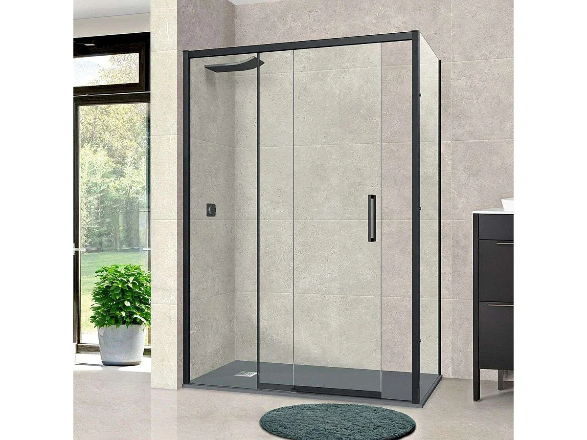 Pare douche porte coulissante et paroi latérale DROITE, L.136/140*l.80*H195 cm, verre 6mm SÉCURIT Easy Clean Noir Mat SUPERBAN Vézannes 2PL