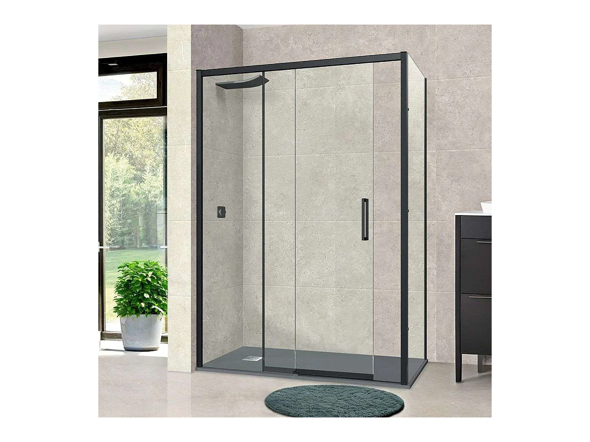 Pare douche porte coulissante et paroi latérale DROITE, L.176/180*l.80*H195 cm, verre 6mm SÉCURIT Easy Clean Noir Mat SUPERBAN Vézannes 2PL
