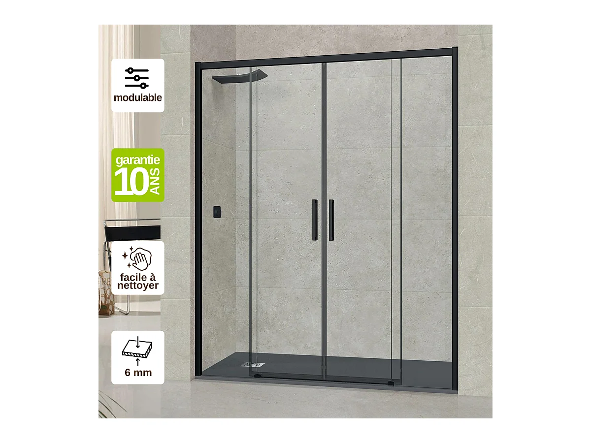 Pare douche portes coulissantes en verre ép 6mm L176/180*H195 cm, profilé noir mat, SUPERBAN Vézannes 4P